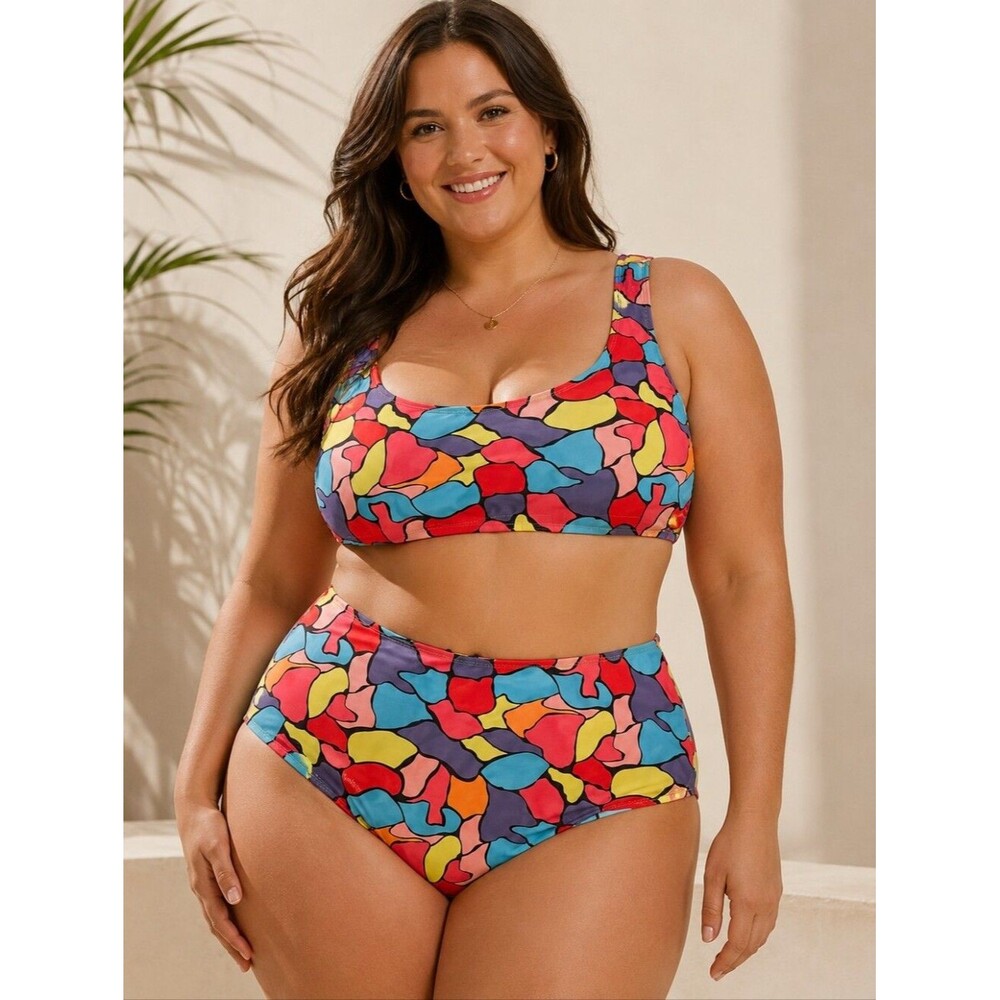 Women's Colorful Abstract Print High Waisted Bikini Set XXL NWOT